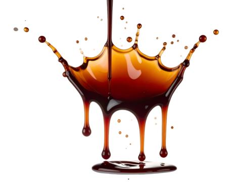 A dark liquid crown splash with droplets, isolated on a stark black background
