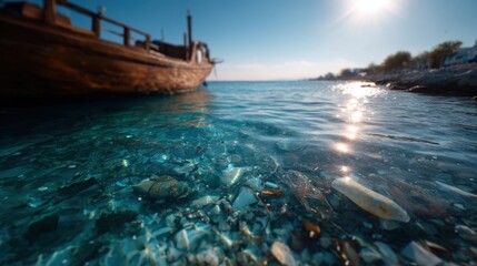 Obraz premium Scenic View of a Boat on Crystal Clear Sea Surface at Sunset