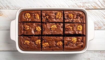 Brownies with walnuts in white pan