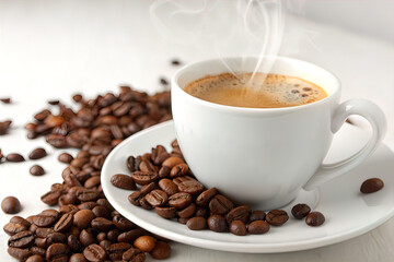 Fototapeta premium Steaming white cup of coffee on elegant minimalist background with coffee beans.
