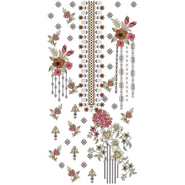 Isolated asian indian embroidery neckline and lace border design , daman design and all over shirt front design women wear for digital and textile print on fabric.
