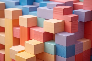 Pastel colored wooden blocks creating a complex and visually stimulating abstract arrangement