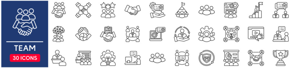 Team Web Icon Set in Line Style. vector illustration concept relate to team, business, people, work, teamwork, person, hr, line, vector, group, set, support, outline