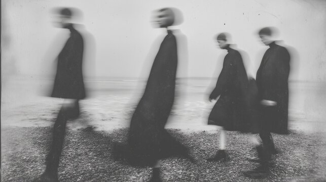 Abstract black and white image of blurred figures walking on a pebble beach, creating a surreal, dreamlike effect.