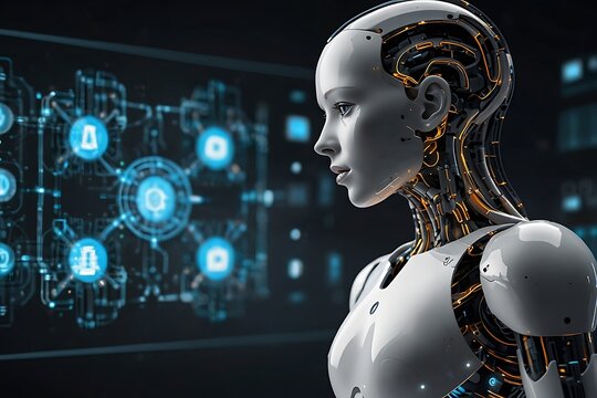 Futuristic cyborg woman in black with technology, a 3D android illustration of a science fiction human from space