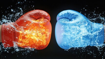 Dynamic Boxing Gloves Clashing with Flames and Water Splash Effects