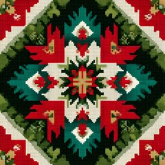 A vividly colored intricate woven pattern creates a geometric folk art design with symmetrical floral and diamond shapes in rich colors.