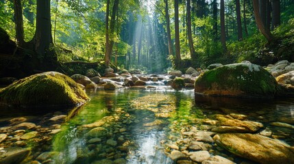 Obraz premium Tranquil Forest Scene with Stream and Sunlight Filtering Through Trees