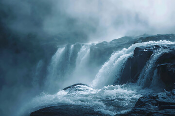Obraz premium Foggy Cascade: Perfect for desktop wallpapers, nature-themed events, calming meditation apps, and serene virtual backgrounds.