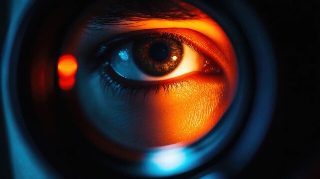 A close-up view of a person's eye seen through a magnifying glass, providing detailed details of the eye structure