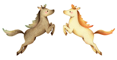 飛び跳ねる白馬と黒馬　手描き色鉛筆画