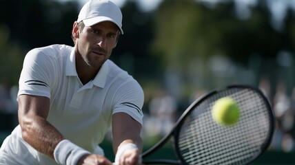 Focused tennis player in white sportswear preparing to serve on a lush green grass court under sunlight, symbolizing precision, strength, and athletic discipline.