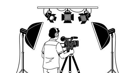 Cameraman filming with video camera and lighting equipment isolated on white background