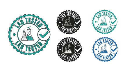 Lab tested badge set with laboratory glassware isolated on white background