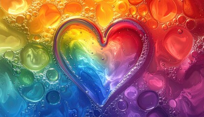Rainbow heart surrounded by bubbles