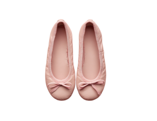 Overhead shot of two pale pink, flat, satin ballet-style shoes with small bows