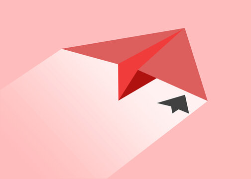 Illustration of red paper plane with arrow on pink background