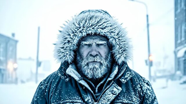 A man with a frozen beard and eyebrows stands in a cold winter city street, enduring the harsh weather conditions, extreme climate footage.