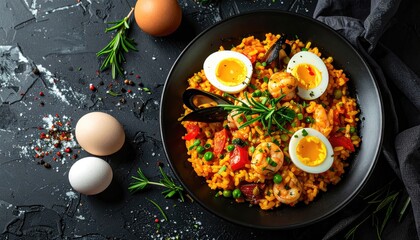Paella dish with eggs