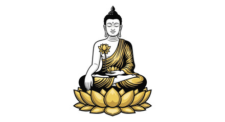 Buddha sitting on lotus flower isolated on white background, vector illustration