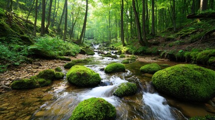 Obraz premium Serene Forest Stream Flowing Over Mossy Rocks in Lush Green Landscape