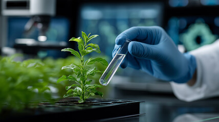 High-tech biotech environment where researcher studies luminous DNA strand intertwined with a plant inside transparent test tube, representing medical and agricultural innovation.