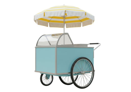 Isolated light blue ice cream cart with striped umbrella against a neutral background