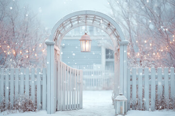 winter theme with white picket fence with lantern
