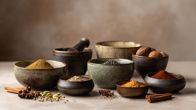 Various spices and herbs in ceramic bowls, perfect for culinary and health uses. This image showcases a variety of spices and herbs, ideal for cooking and promoting wellness