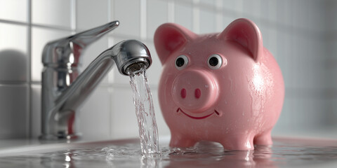 Water Conservation Concept. Close-up of a pink ceramic piggy bank smiling at camera beside a modern faucet pouring water. A symbolic and powerful image about saving water. Generative Ai.