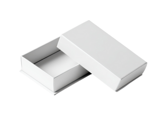 A 3D render of an open rectangular box and lid, made of white cardboard