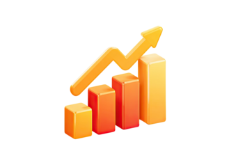A 3D rendering showing a growing bar graph with an upward-pointing arrow on a black background