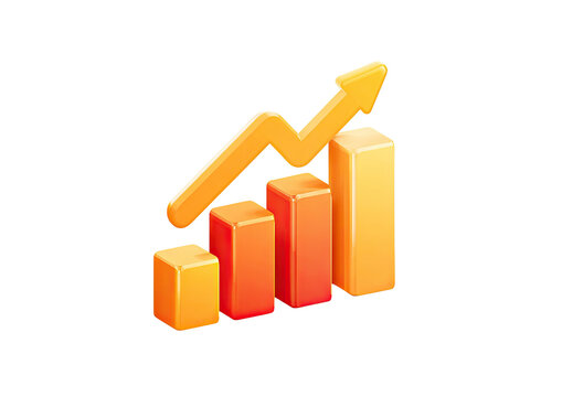 A 3D rendering showing a growing bar graph with an upward-pointing arrow on a black background - Powered by Adobe