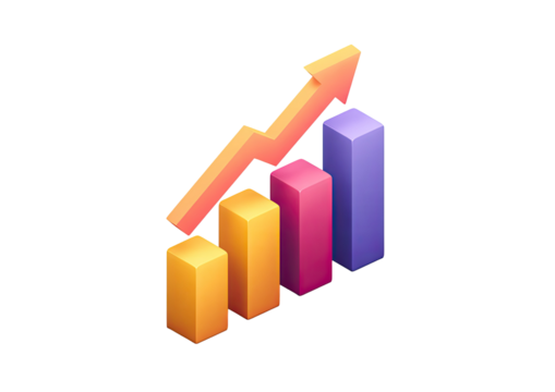 An isometric growth chart with multi-colored bars and an upward orange arrow