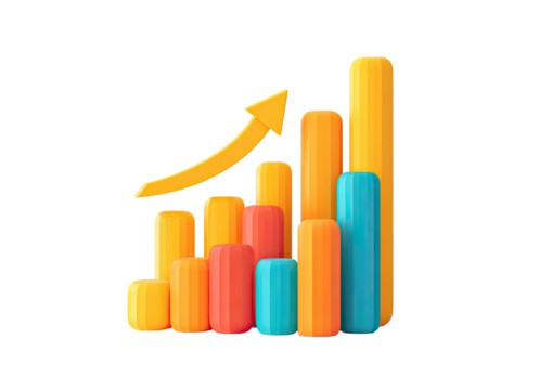 Colorful 3D bar graph with an upward pointing arrow, isolated on black background