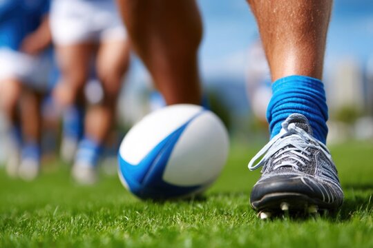 Rugby player preparing to kick ball on grass field