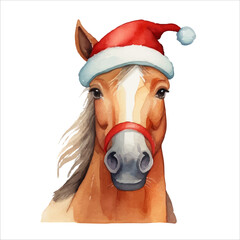 Horse in a Santa Claus hat in watercolor style, on a white background, perfect for holiday cards, stickers, children's design. Vector
