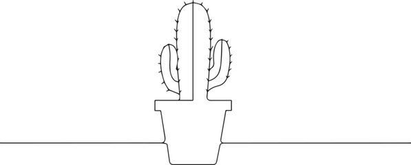 Cactus plant in pot one continuous line art, Vector illustration, One line art, Line art graphic style