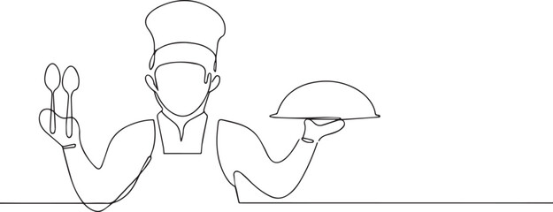 Chef serving dishes one continuous line art, Vector illustration, One line art, Line art graphic style