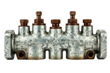 Old weathered industrial multi-valve manifold isolated on transparent background