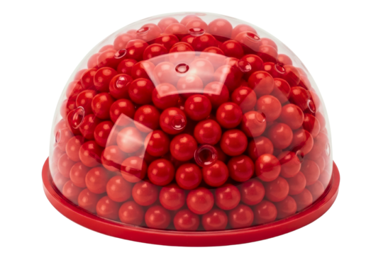 Red gumballs in a clear plastic dome candy dispenser isolated on transparent background