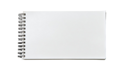 Blank white spiral notebook with clean minimalist design showing open empty pages and simple stationery layout on white background