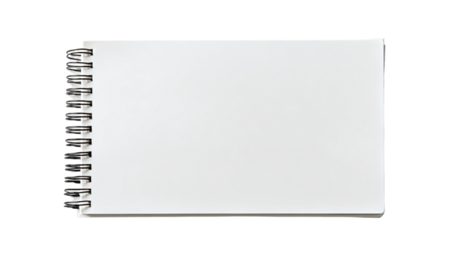 Blank white spiral notebook with clean minimalist design showing open empty pages and simple stationery layout on white background