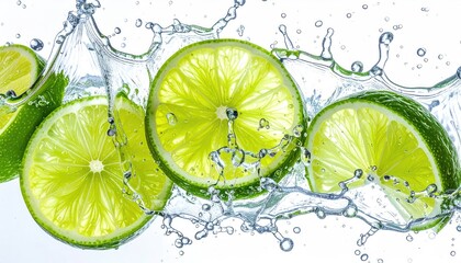 Lime slices splash in clear liquid