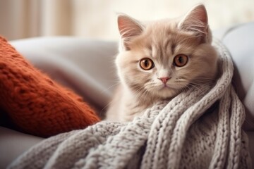 Adorable kitten resting on a soft, knitted blanket, enjoying a cozy moment of comfort and warmth