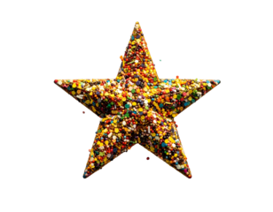 A five-pointed star composed of colorful sprinkles against a black background