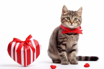 Adorable tabby kitten wearing a festive red bow tie sits next to a heart shaped gift box, creating a charming valentine's day scene
