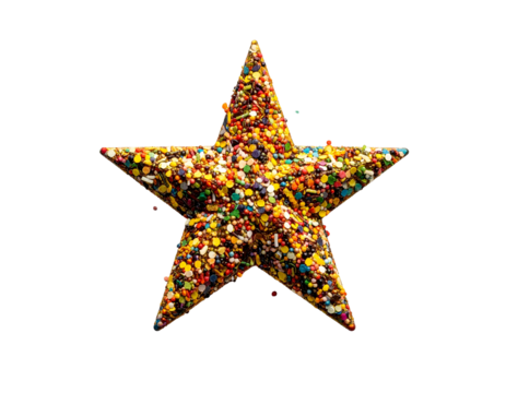 A five-pointed star composed of colorful sprinkles against a black background