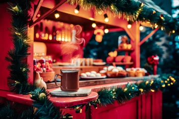 Fototapete Rund Schokolade Hot Cocoa Stand. A cozy outdoor hot cocoa stand decorated with Christmas lights and garlands, offering warm drinks and treats to passersby, perfect for holiday markets and events. Cozy Christmas Fair  © Alina Razvorska