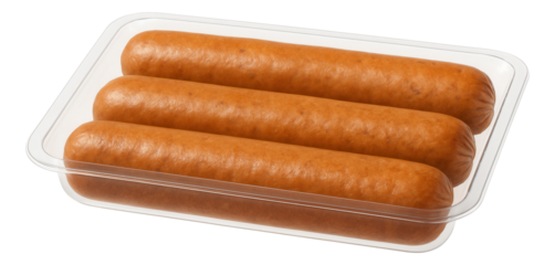 Three smoked sausages neatly arranged in a clear plastic packaging tray.